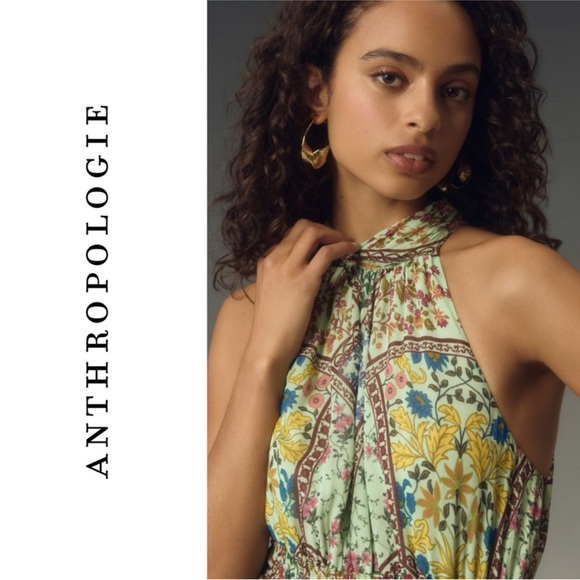 ANTHROPOLOGIE | NWT The Somerset Halter Maxi Dress in Green Motif, Size Large - Picture 2 of 12